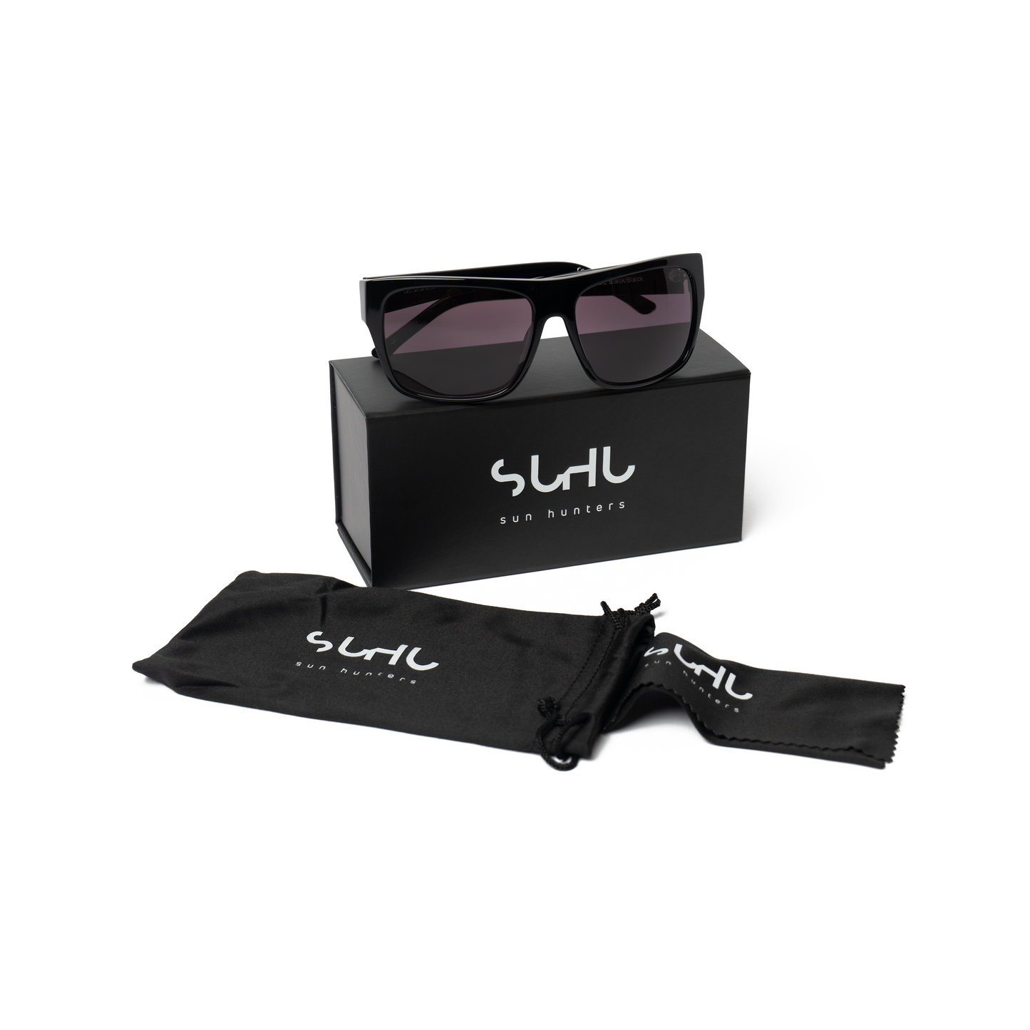 Black sunglasses with a matching carrying case on a white background