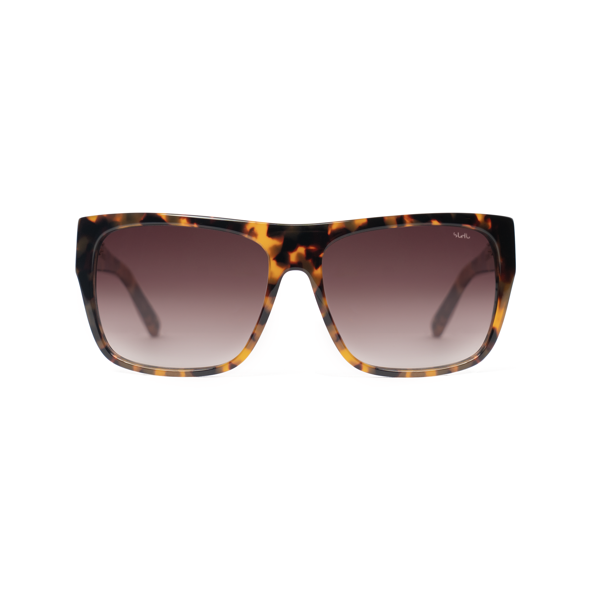 Sunglasses with tortoiseshell frame and gradient lenses on a white background