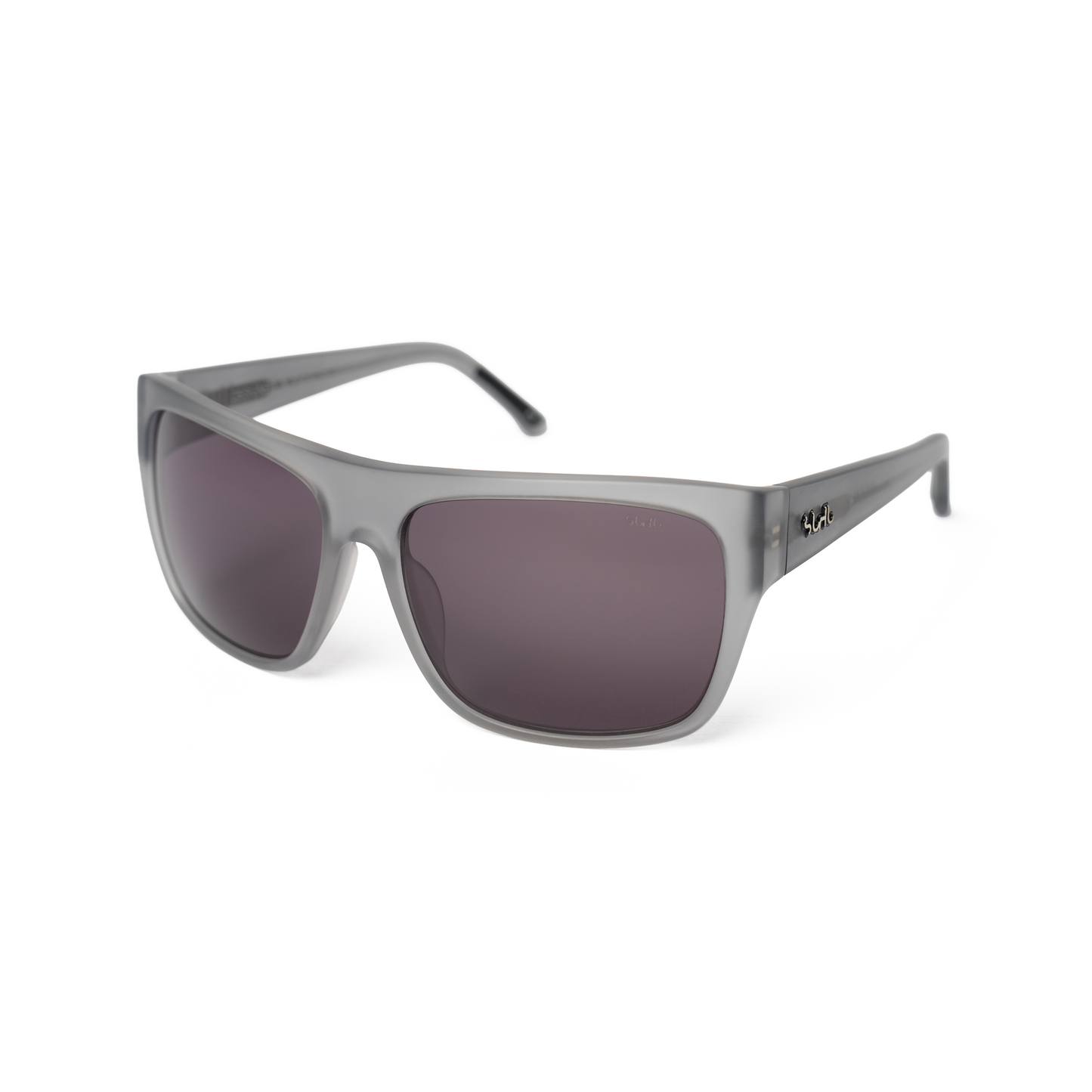 THE DUDE sunglasses angled view, matte grey acetate, black lenses, silver hardware, clean squared-off silhouette, UV400 protection