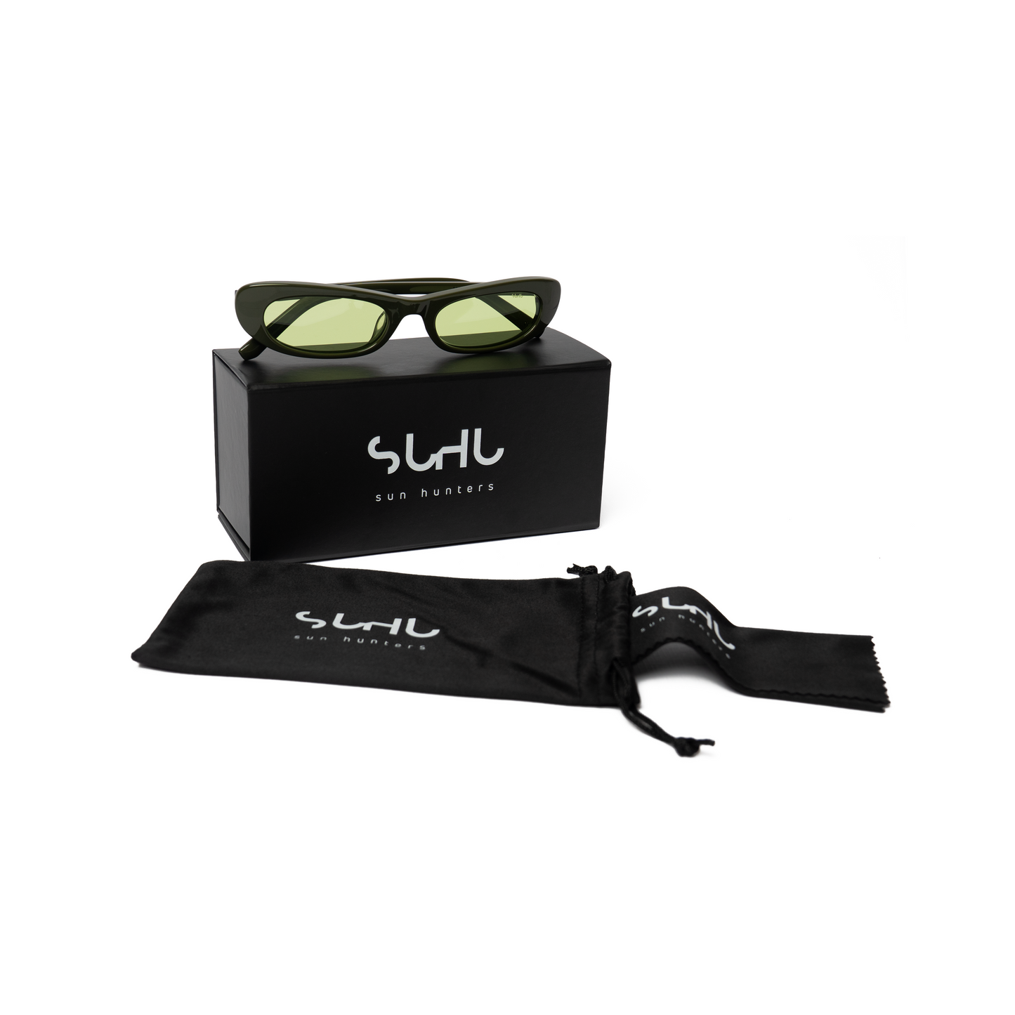 LULU sunglasses olive frame and orange lenses with black case and pouch on a white background, featuring the brand 'SUHU'.