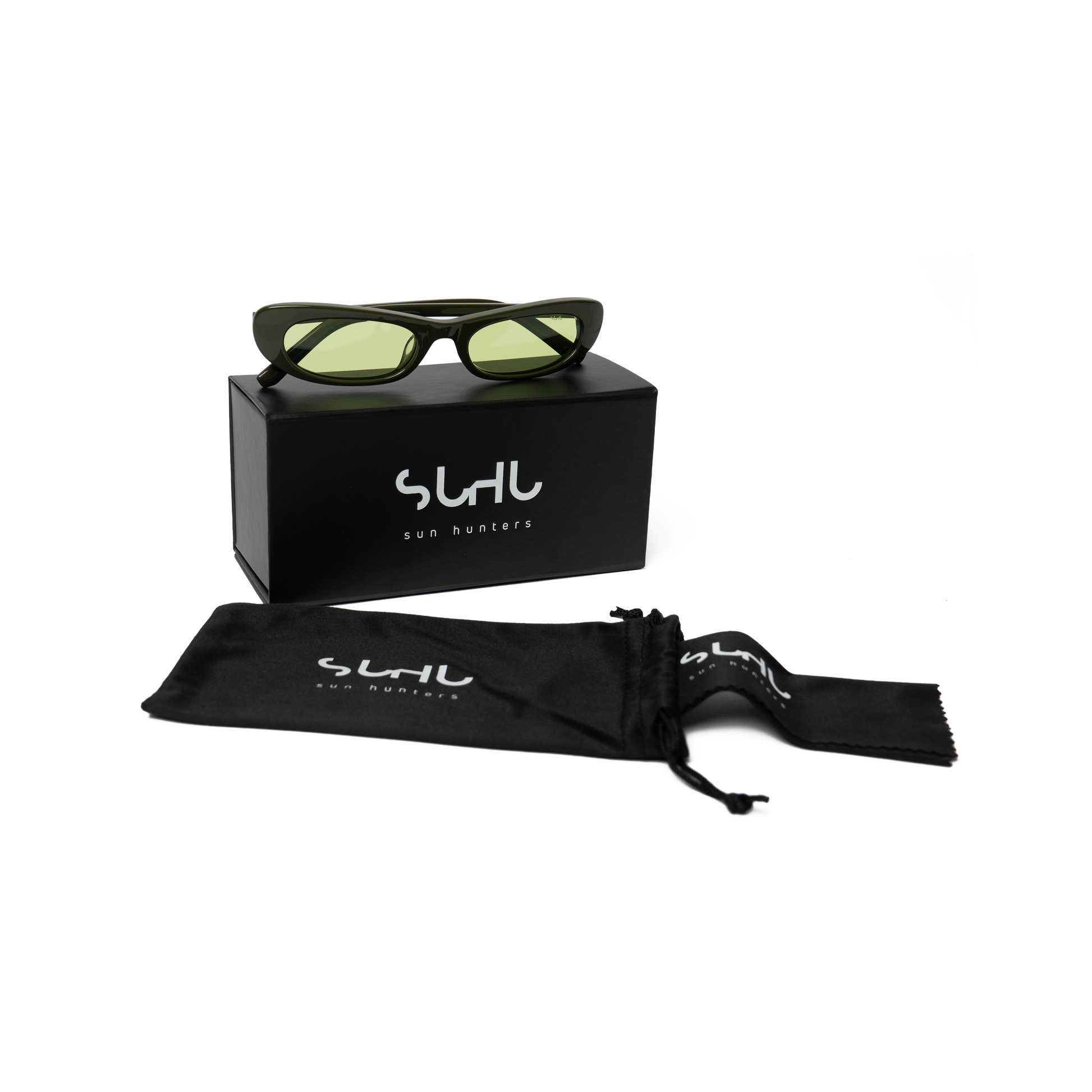 LULU sunglasses olive frame and orange lenses with black case and pouch on a white background, featuring the brand 'SUHU'.