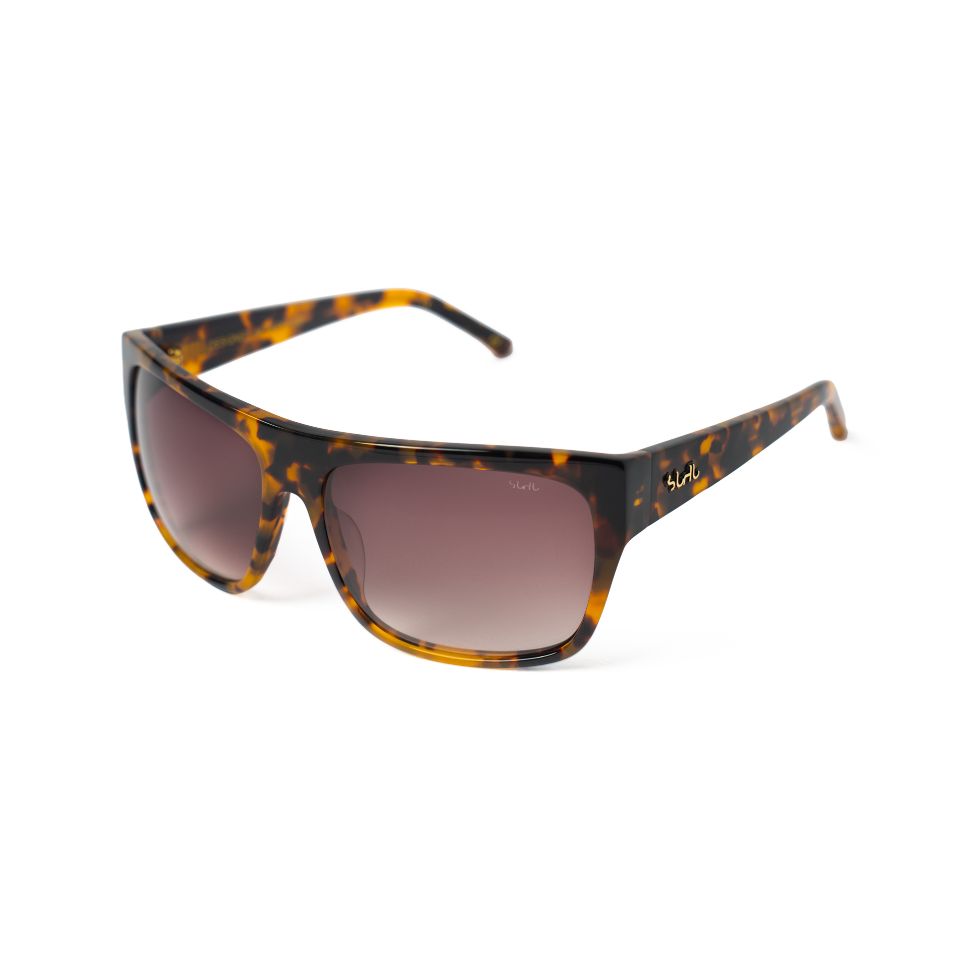 Sunglasses slightly tilted to the left side with tortoiseshell frame and brown lenses on a white background 