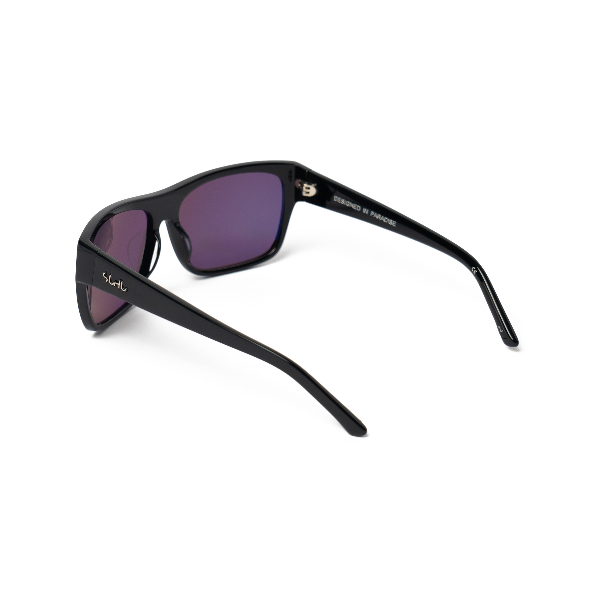 The DUDE sunglasses angled view, black acetate, black lenses, silver hardware, clean squared-off silhouette, UV400 protection.