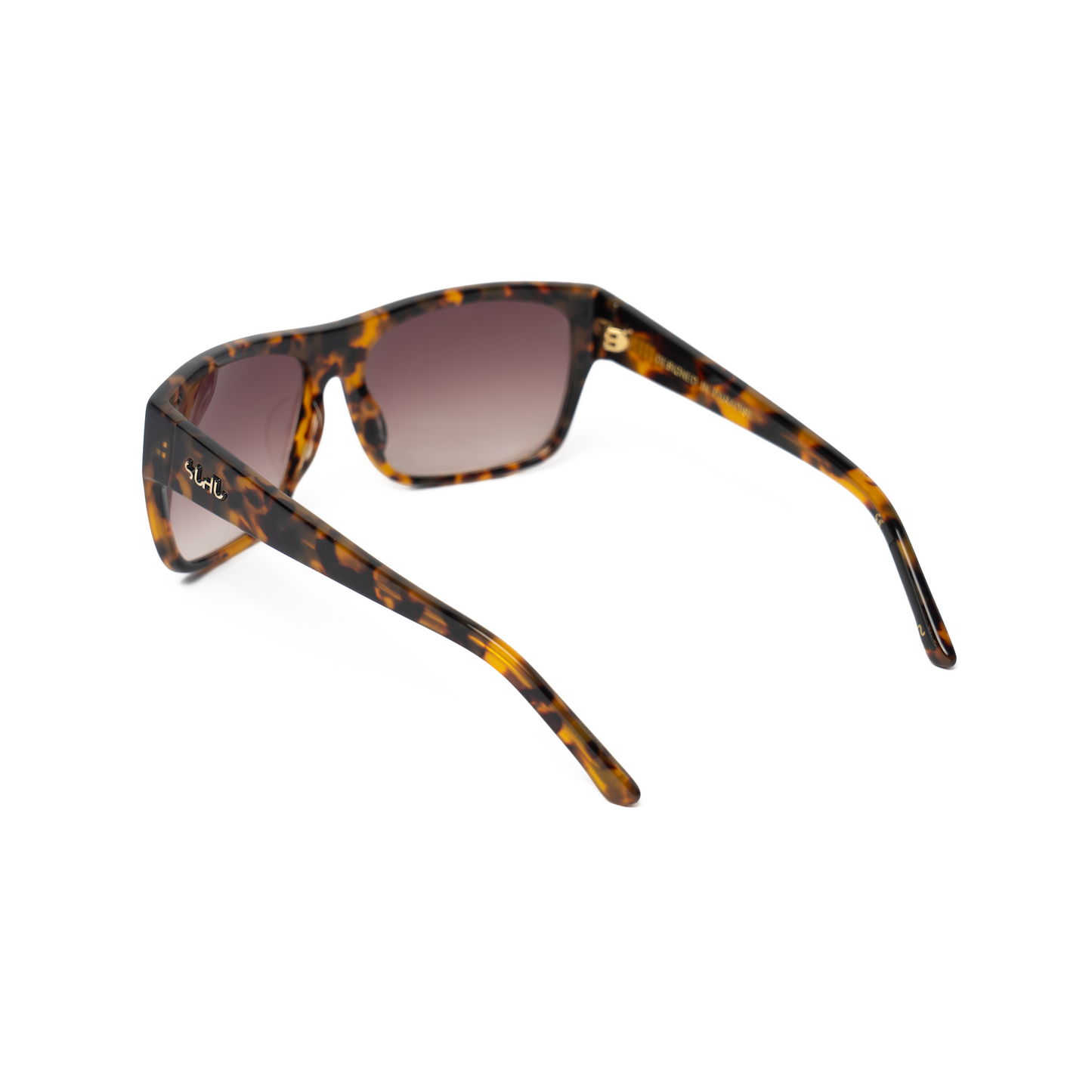 Sunglasses shot with temples in the front site and lenses at the back taken at a tilted position, with tortoiseshell frame and gradient lenses on a white background