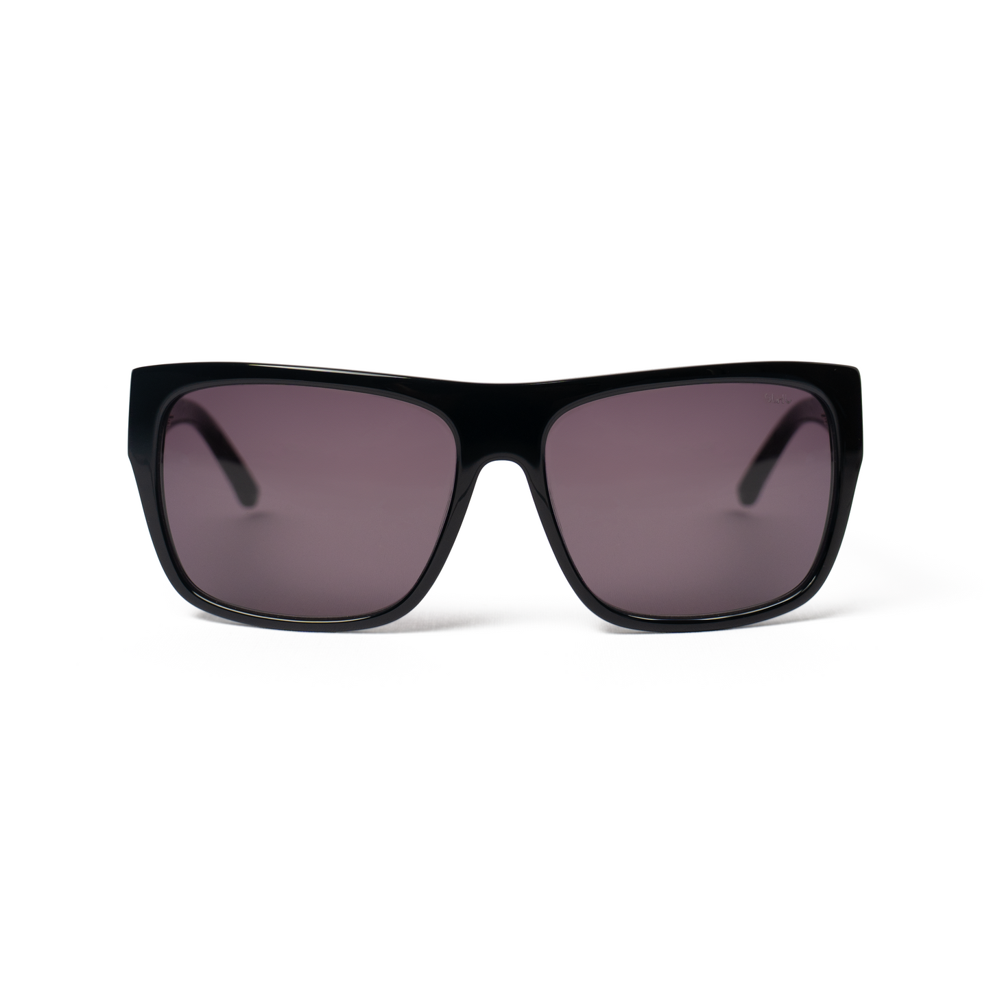 THE DUDE sunglasses in black acetate with black lenses and silver hardware, front view, square frame, UV400 protection