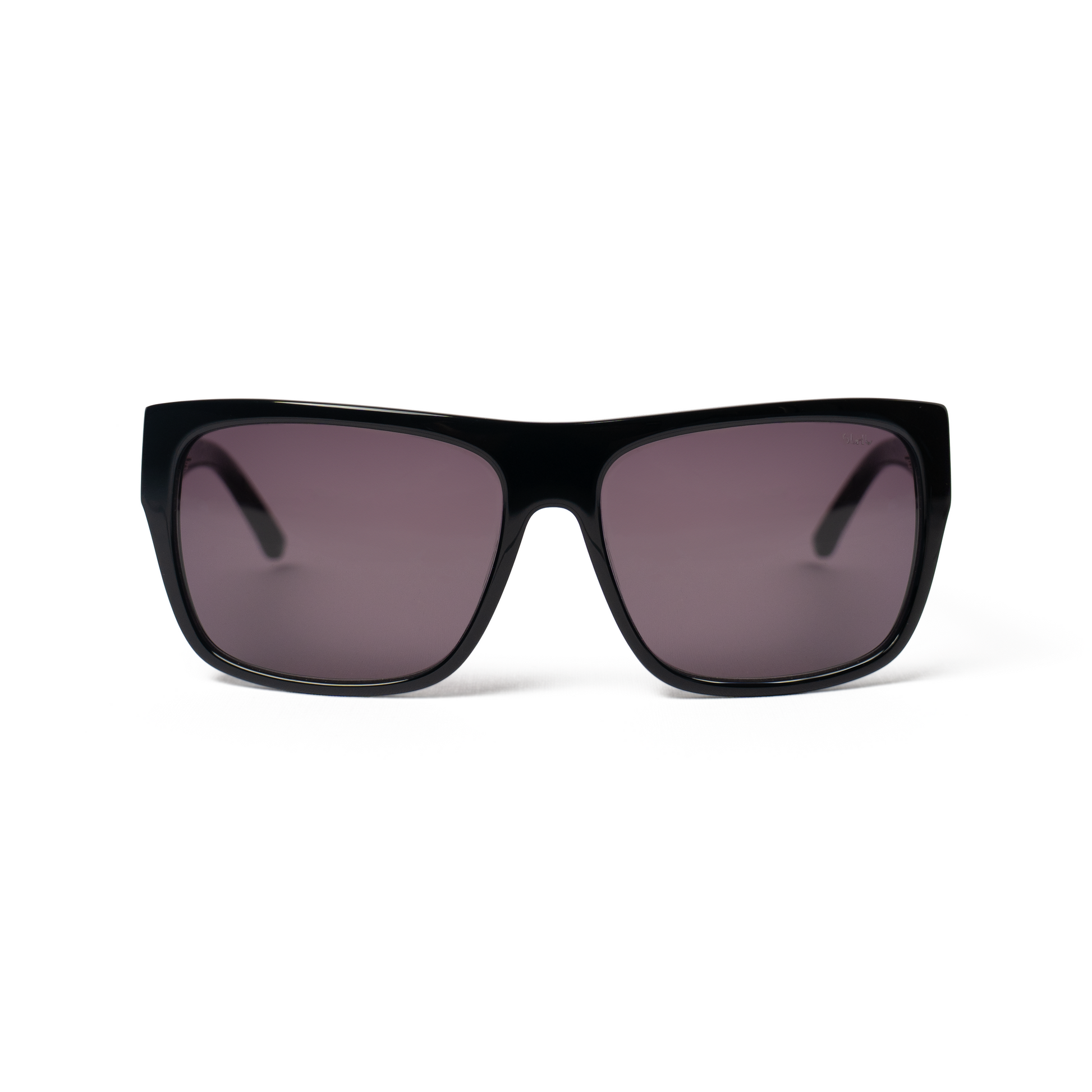 THE DUDE sunglasses in black acetate with black lenses and silver hardware, front view, square frame, UV400 protection