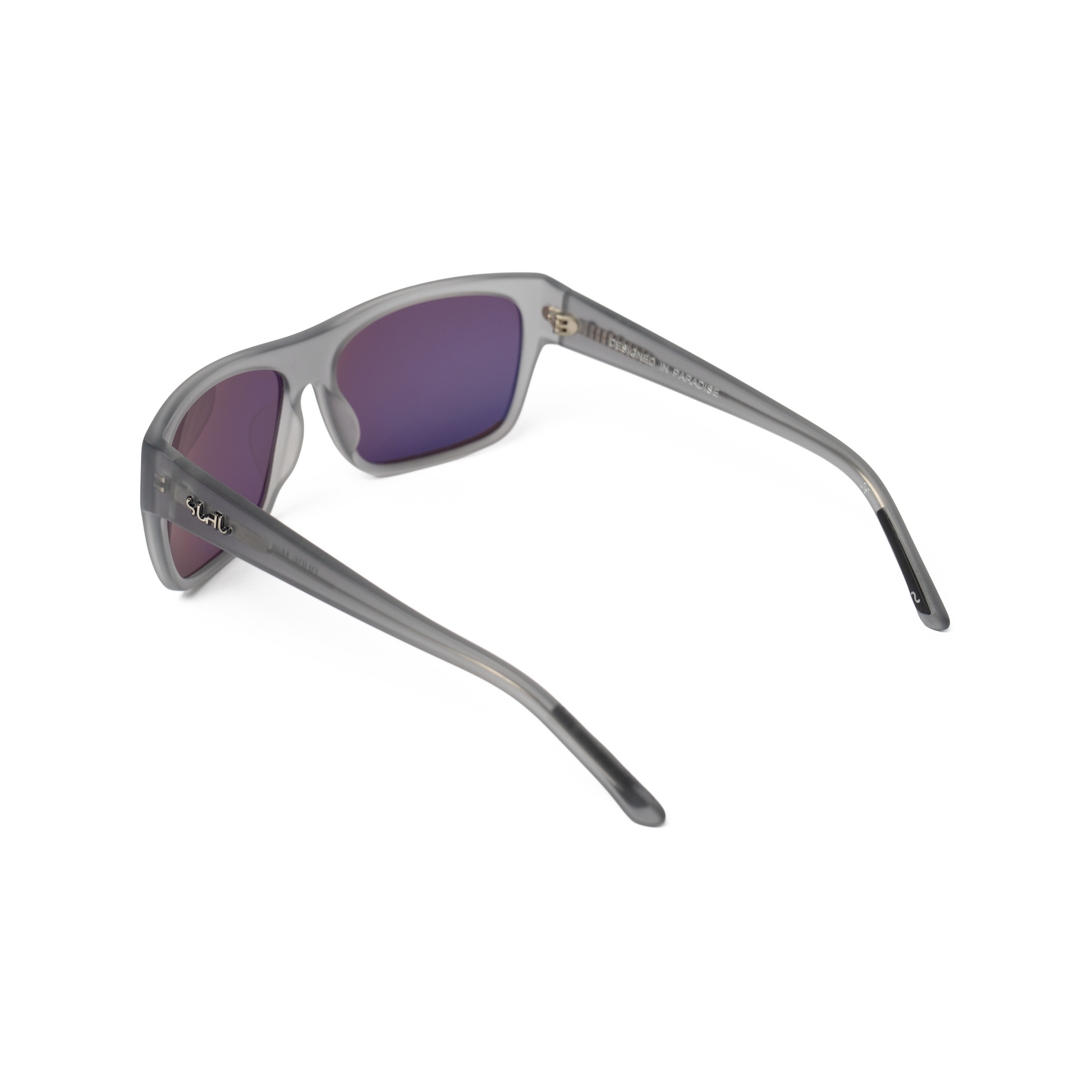 THE DUDE sunglasses angled view, matte grey acetate, black lenses, silver hardware, clean squared-off silhouette, UV400 protection