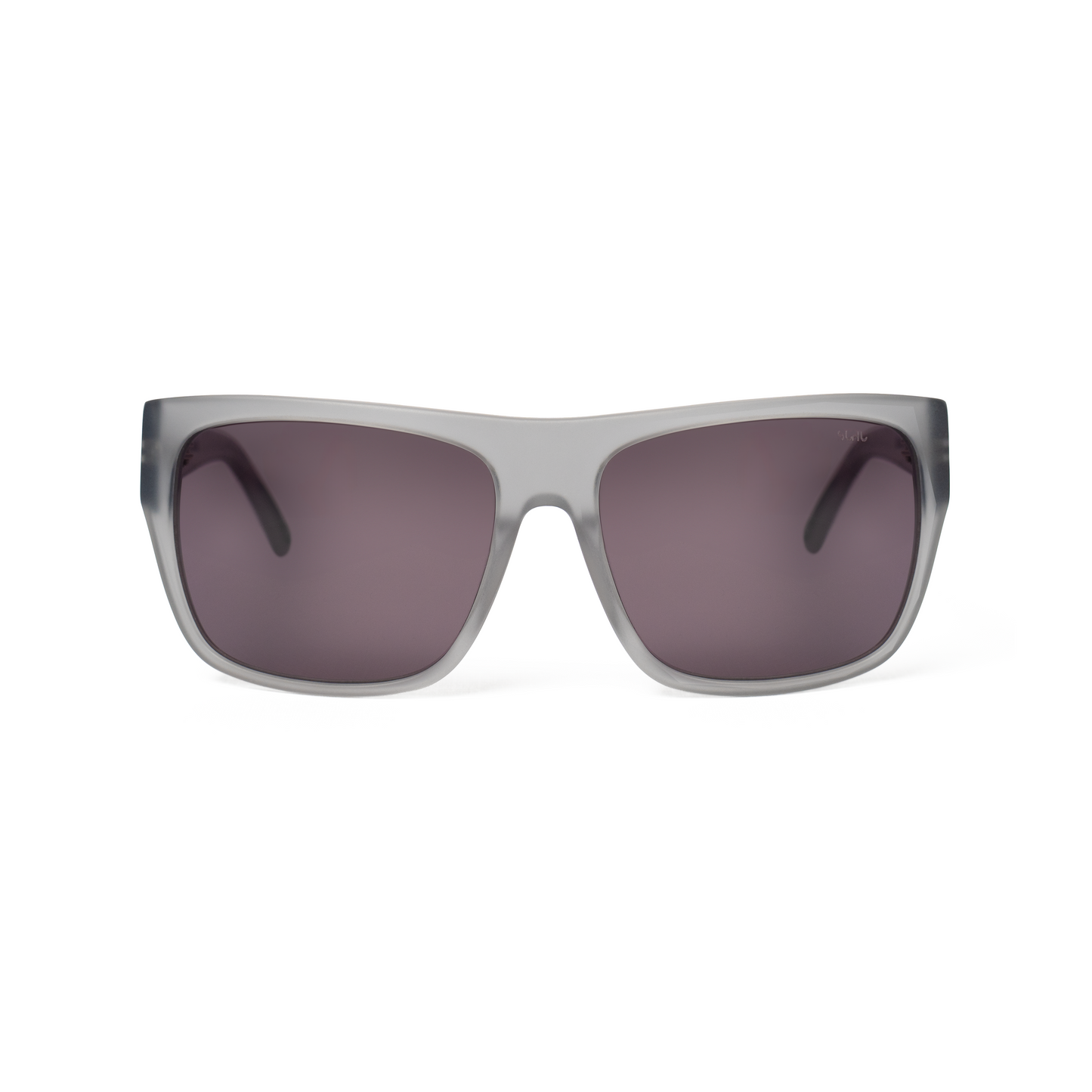 THE DUDE sunglasses in matte grey acetate with black lenses and silver hardware, front view, square frame, UV400 protection