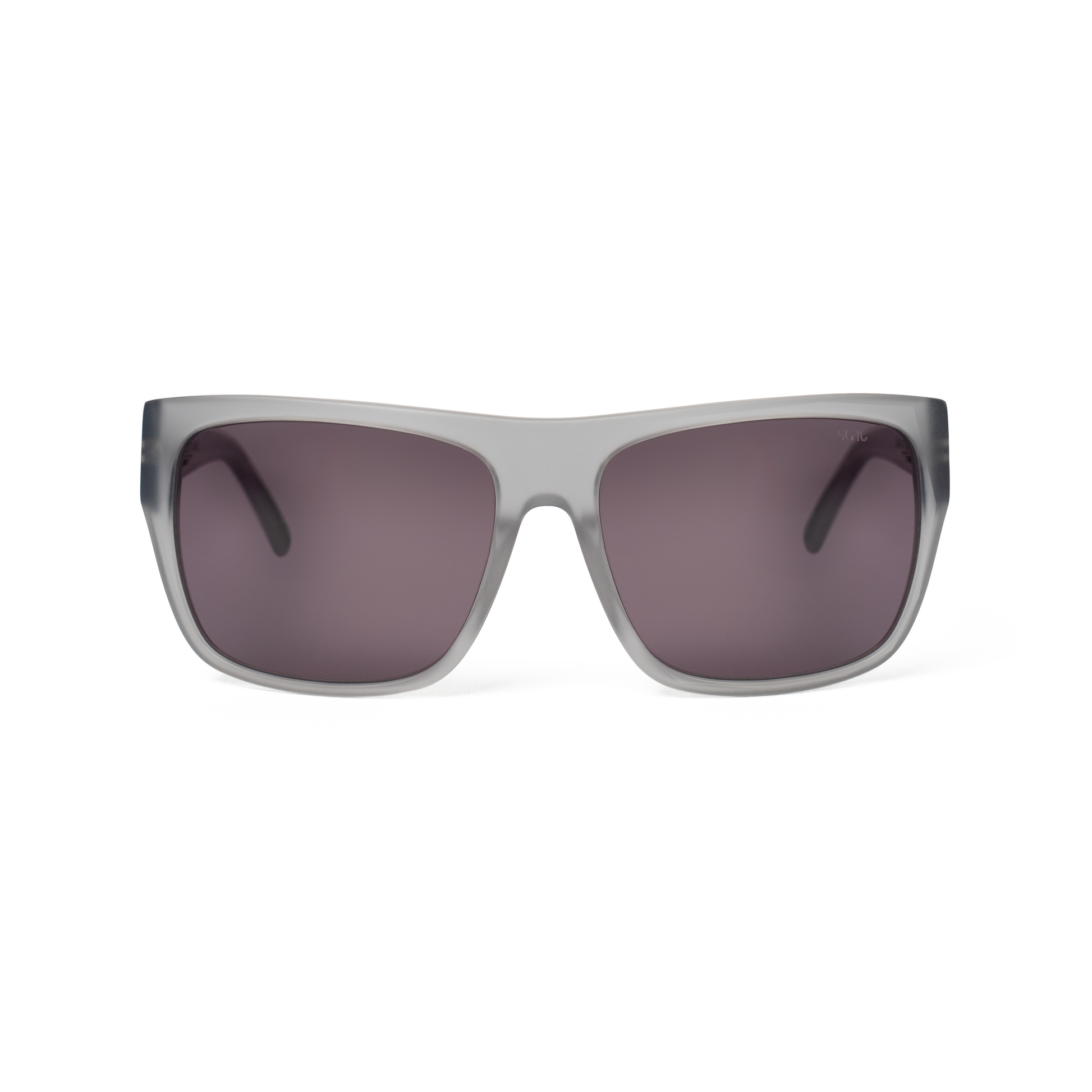 THE DUDE sunglasses in matte grey acetate with black lenses and silver hardware, front view, square frame, UV400 protection